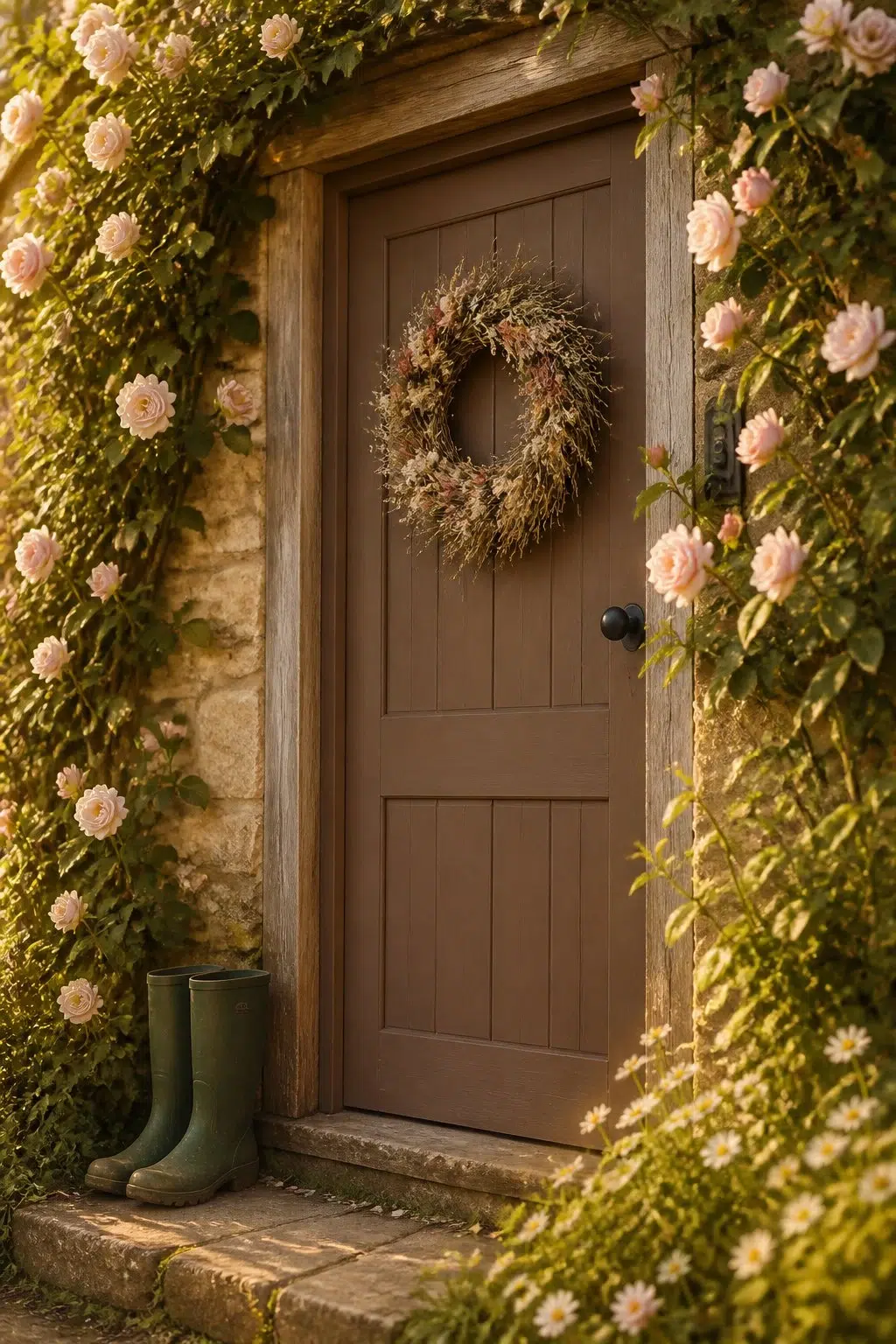 cottagecore front door featuring Cobble Brown by Sherwin-Williams