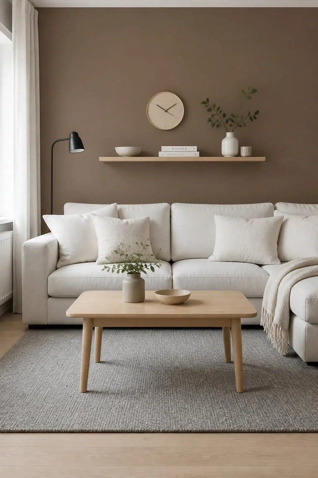 A scandinavian living room painted in Cobble Brown