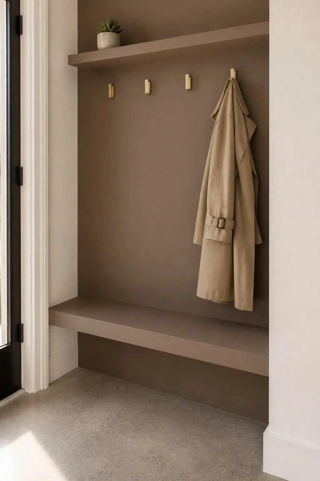 Cobble Brown paint in a tiny mudroom