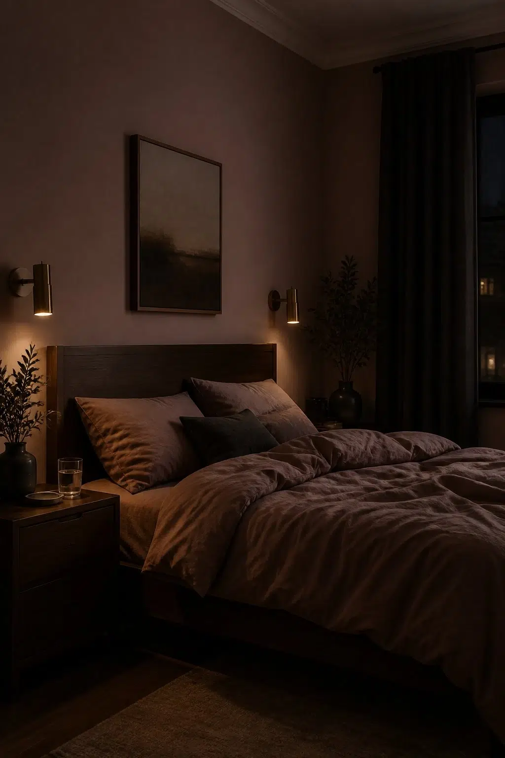 A moody bedroom painted in Cocoa Berry