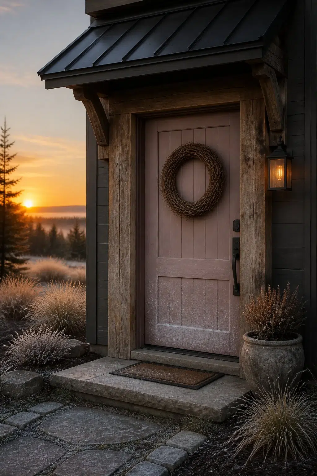 rustic modern front door featuring Cocoa Berry by Sherwin-Williams