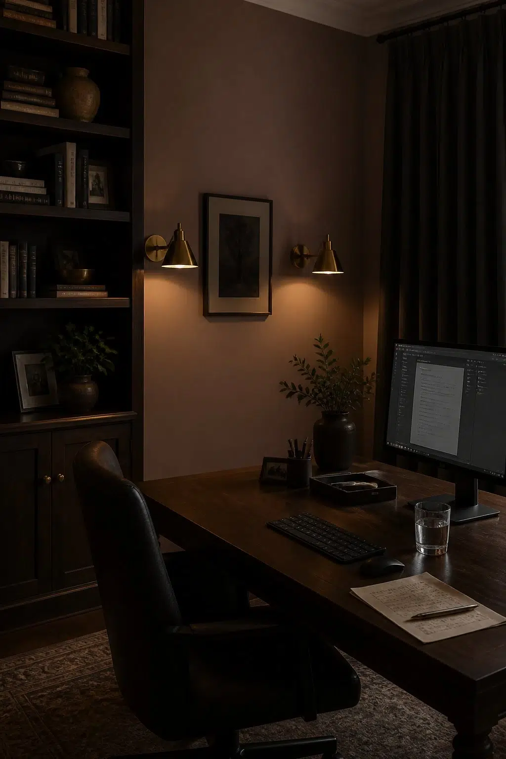 Sherwin-Williams Cocoa Berry in a moody home office