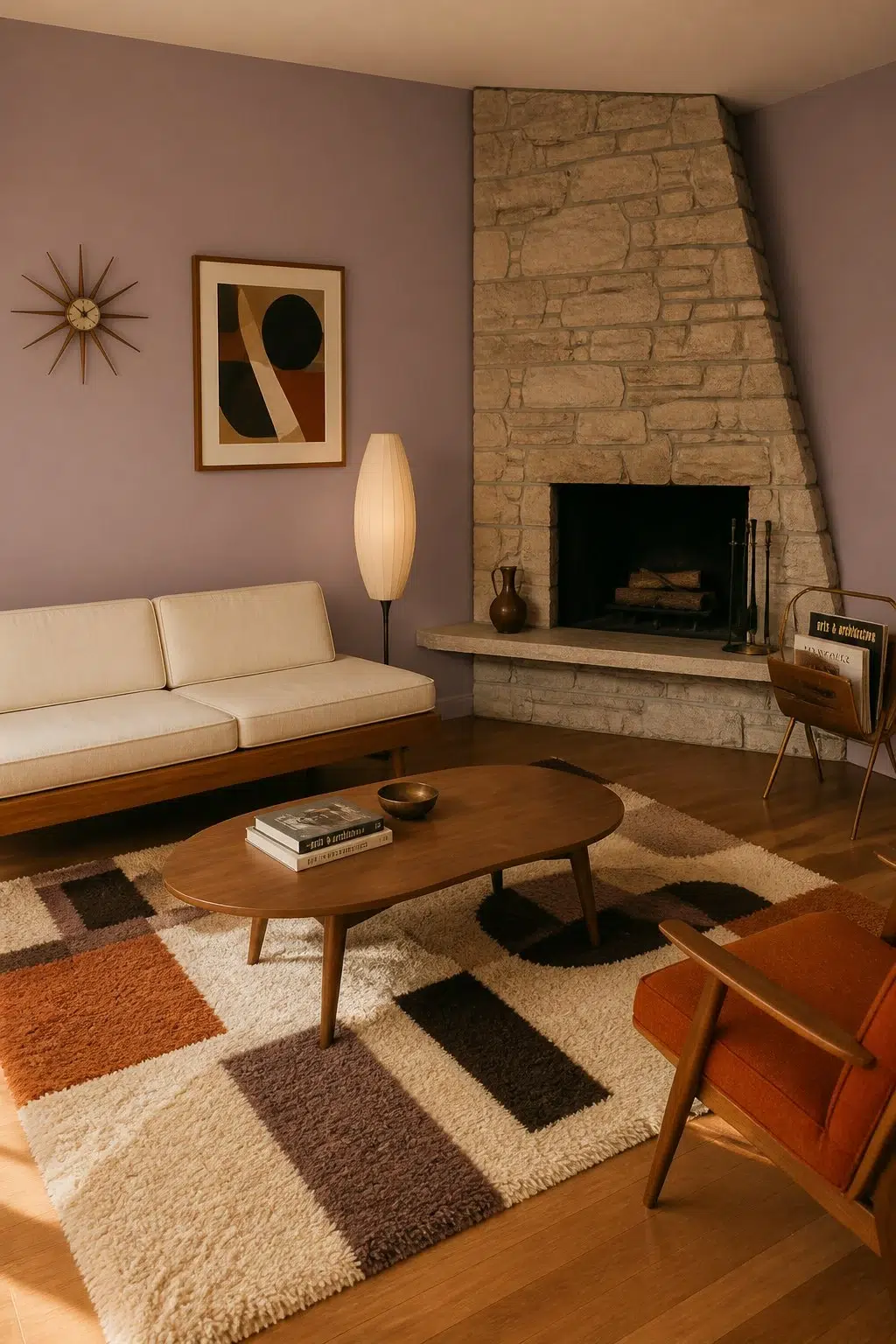 A mid century living room painted in Cocoa Berry