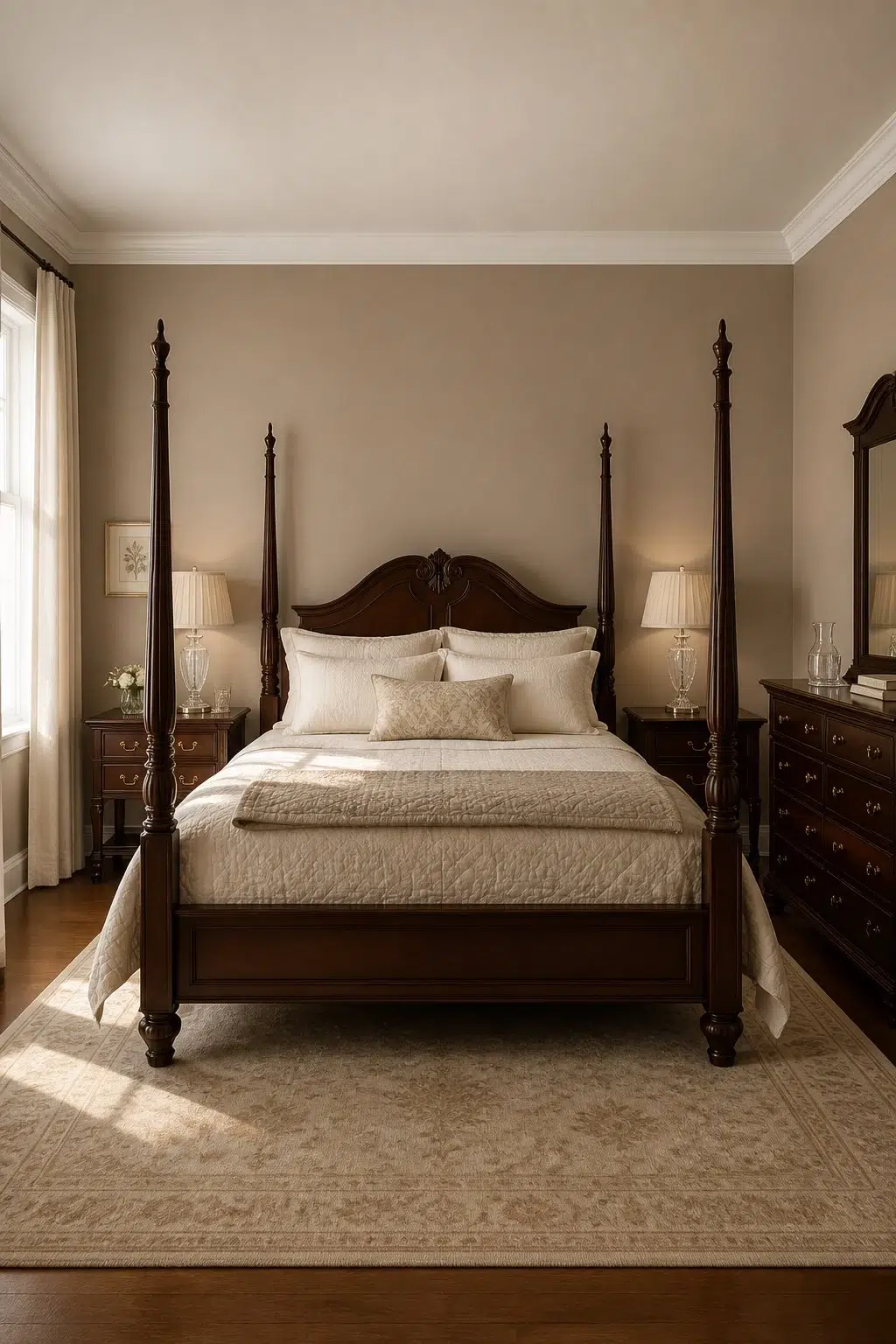 A traditional bedroom painted in Cocoa Whip