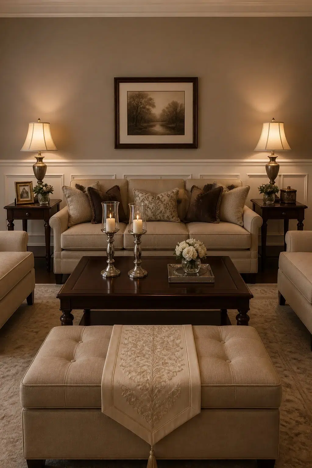 A traditional living room painted in Cocoa Whip