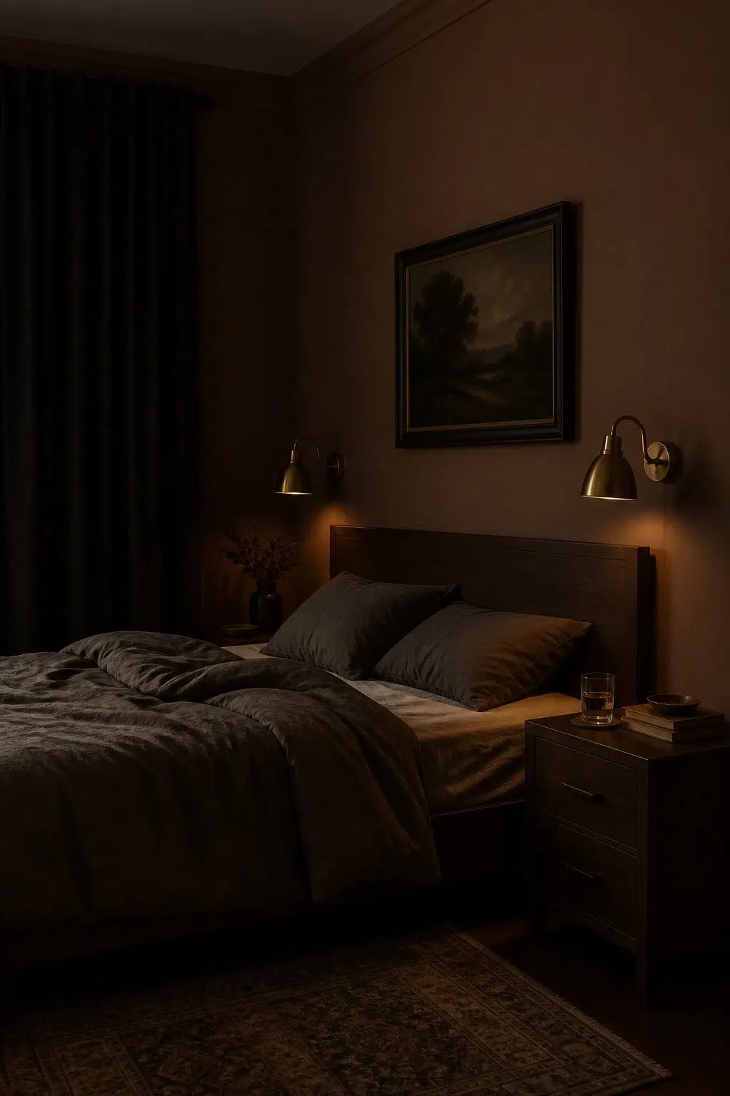 A moody bedroom painted in Coconut Husk