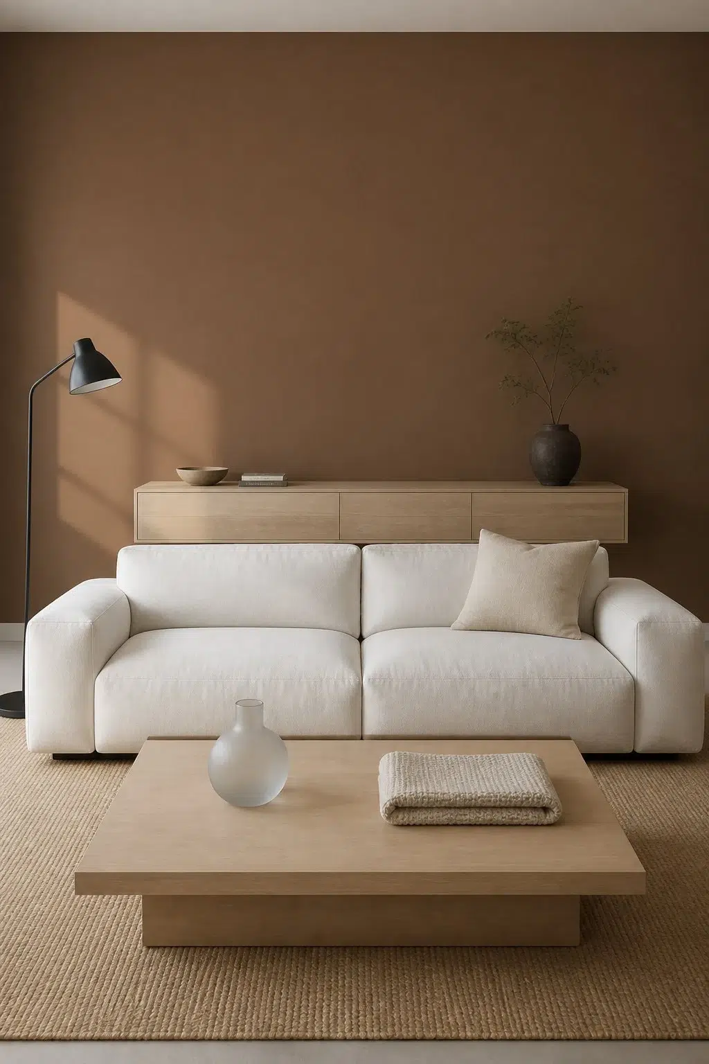 A minimalist living room painted in Coconut Husk