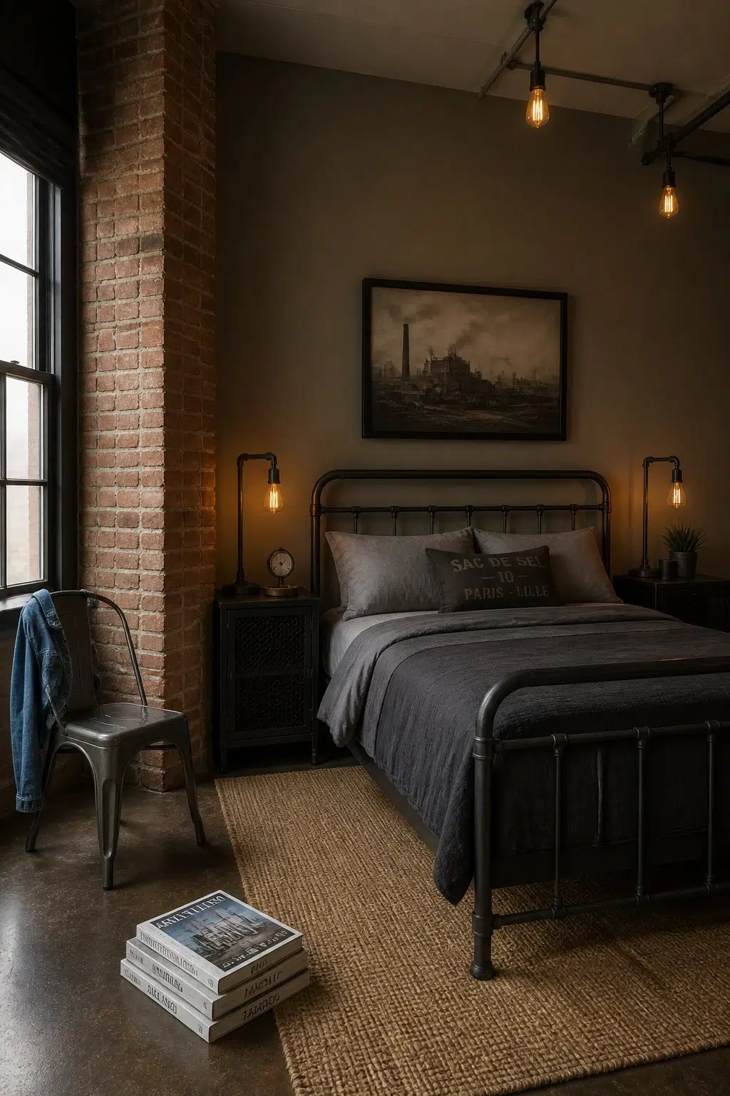 A industrial bedroom painted in Cocoon