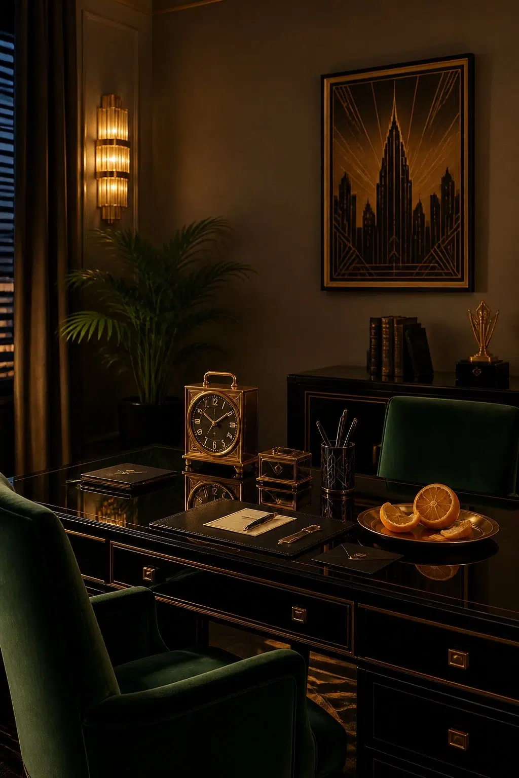 A art deco home office painted in Cocoon