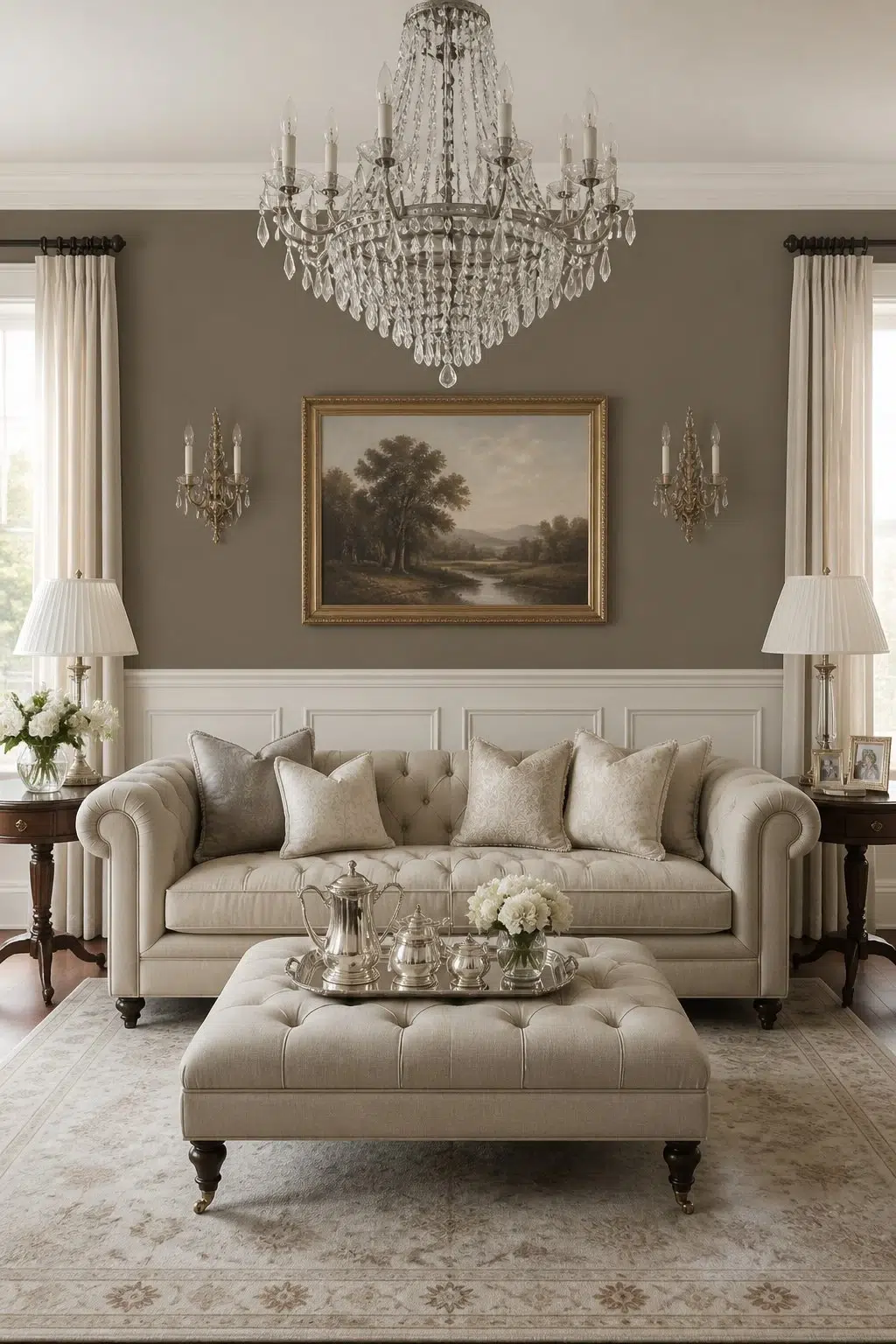 A elegant living room painted in Cocoon
