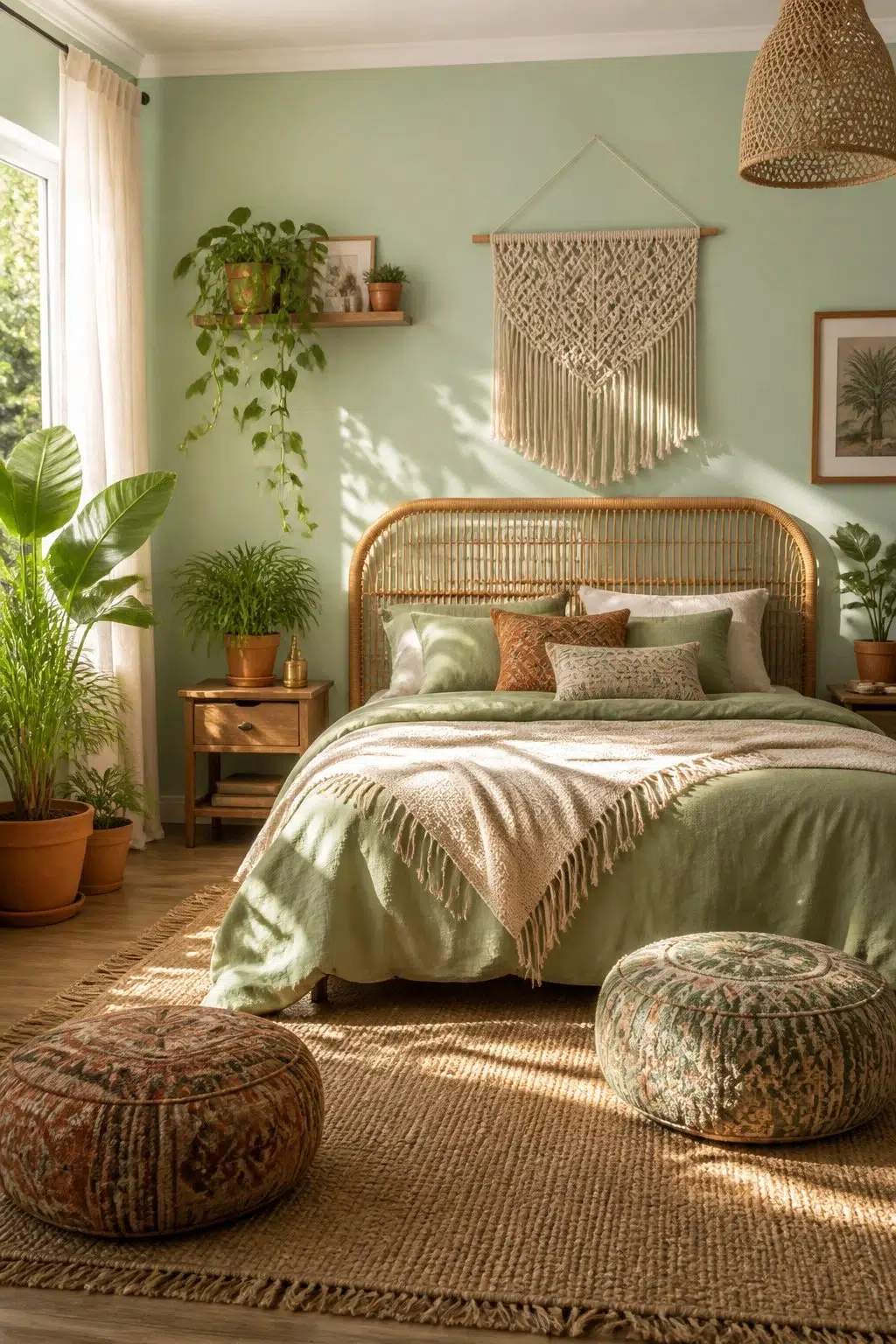 A boho bedroom painted in Colonial Revival Sea Green