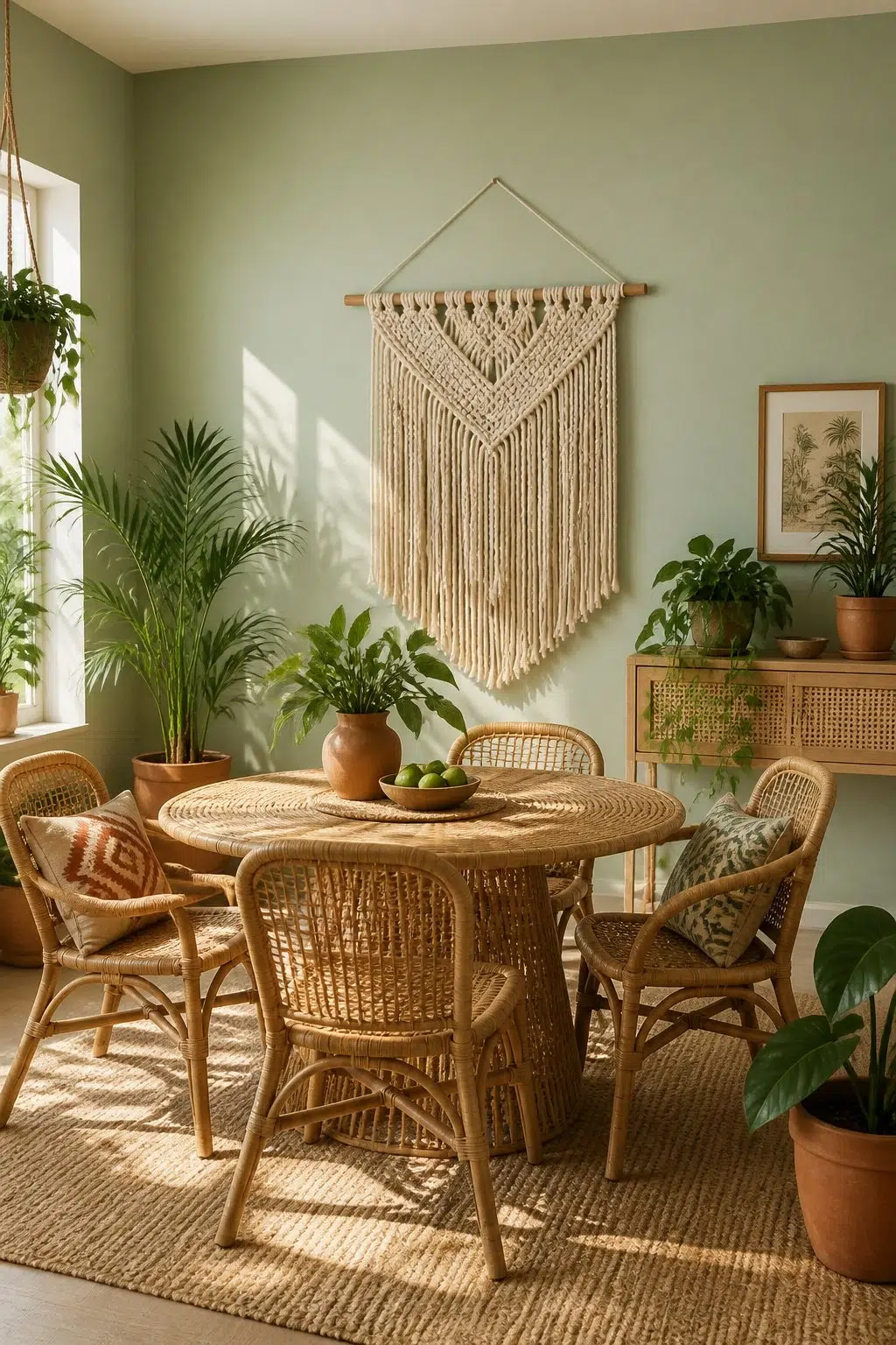 Colonial Revival Sea Green paint in a boho dining room