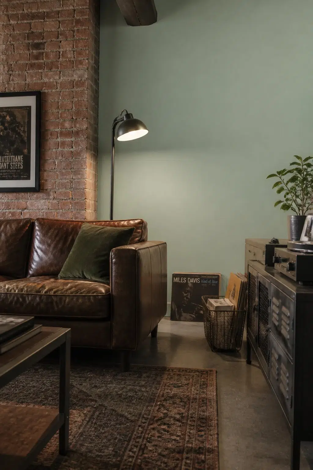 A industrial living room painted in Colonial Revival Sea Green