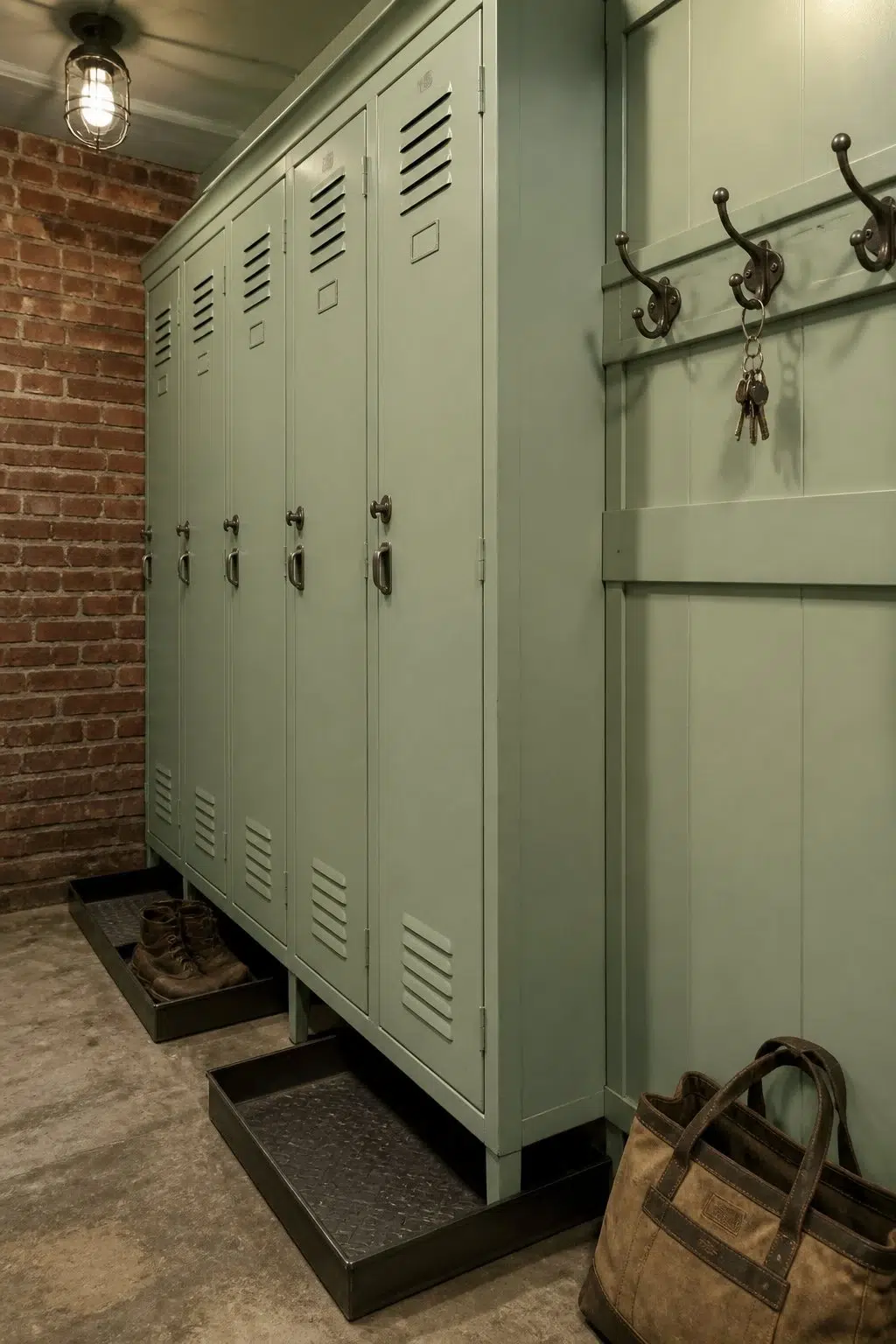Colonial Revival Sea Green paint in a industrial mudroom