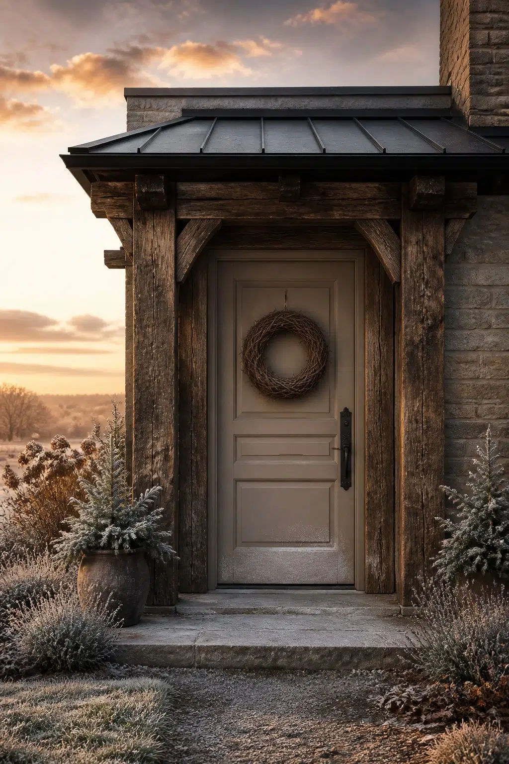 rustic modern front door featuring Colonial Revival Stone by Sherwin-Williams