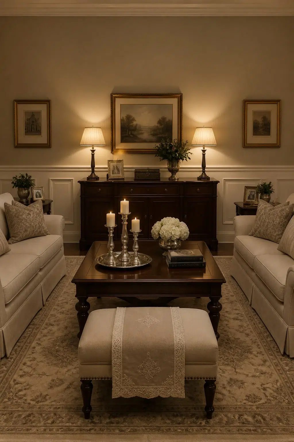 A traditional living room painted in Colonial Revival Stone