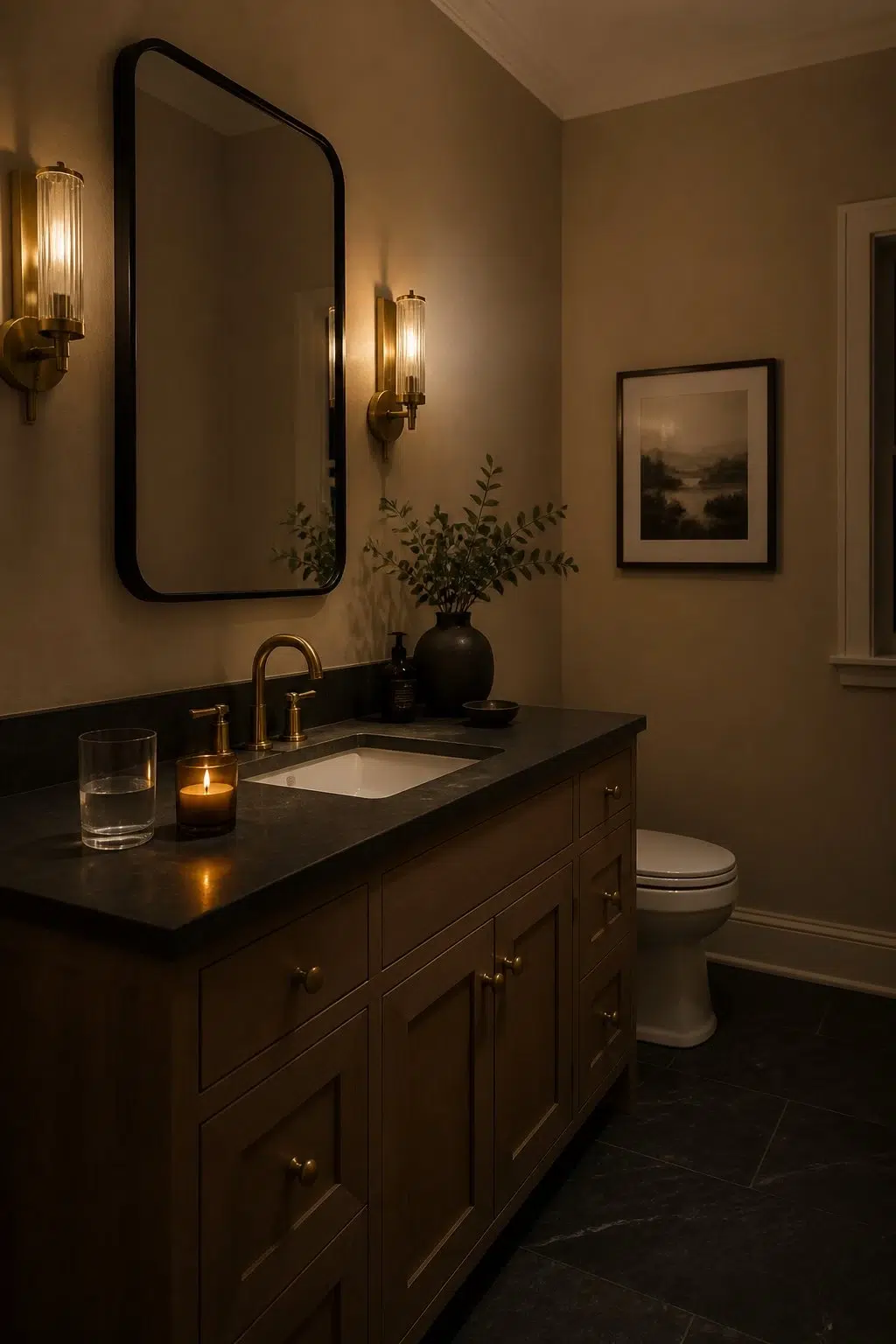 Colonial Revival Tan — moody bathroom