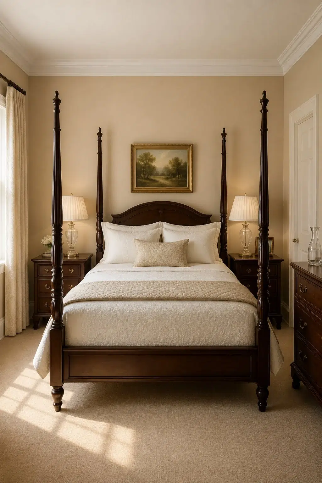 A traditional bedroom painted in Colonial Revival Tan
