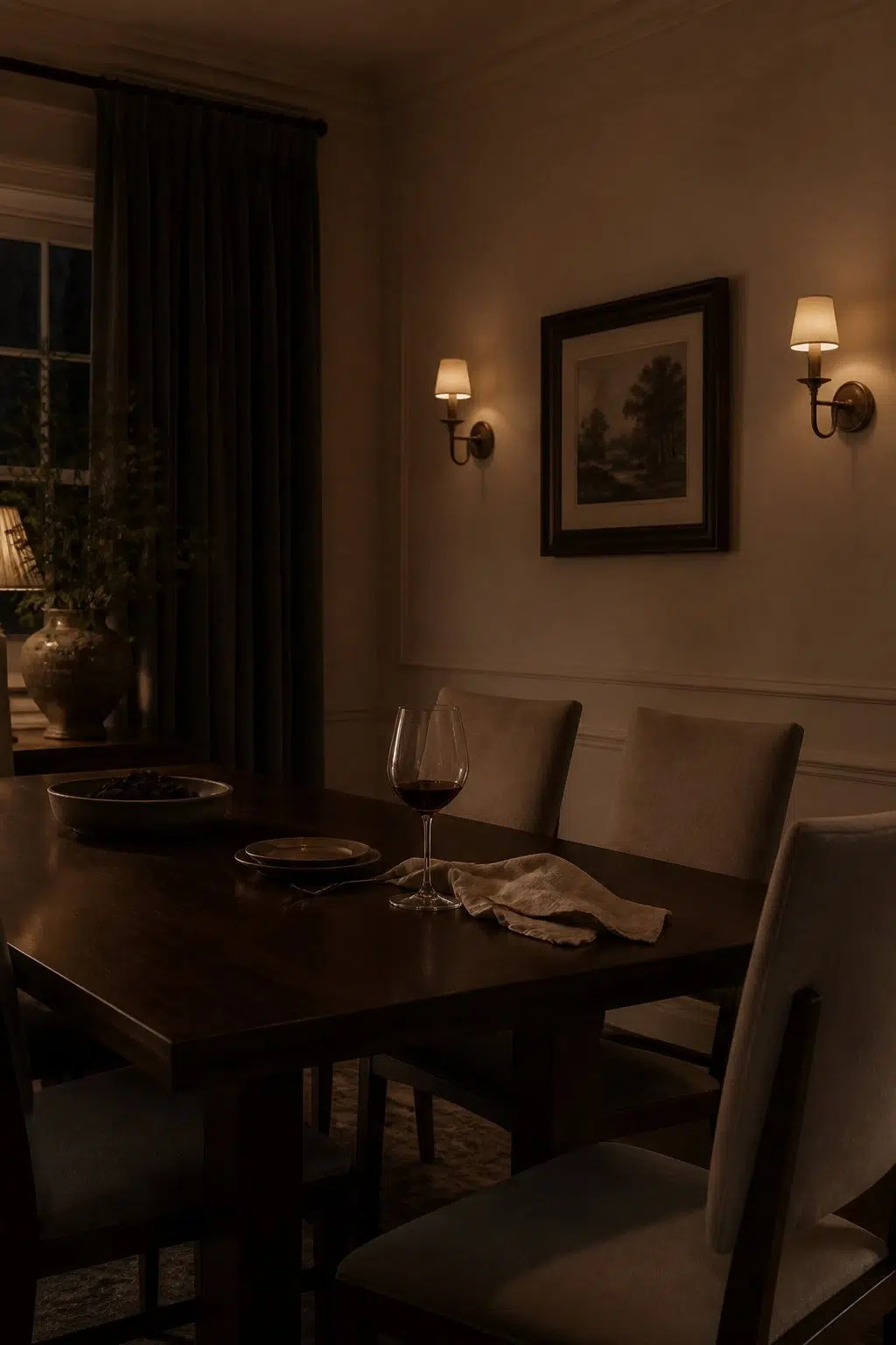 Colonial Revival Tan paint in a moody dining room