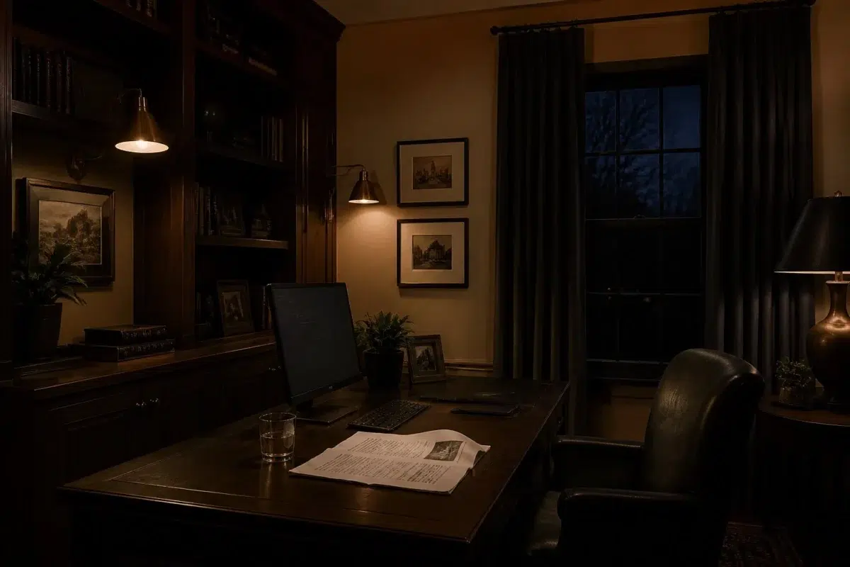 Colonial Revival Tan paint color — Home Office (Moody)