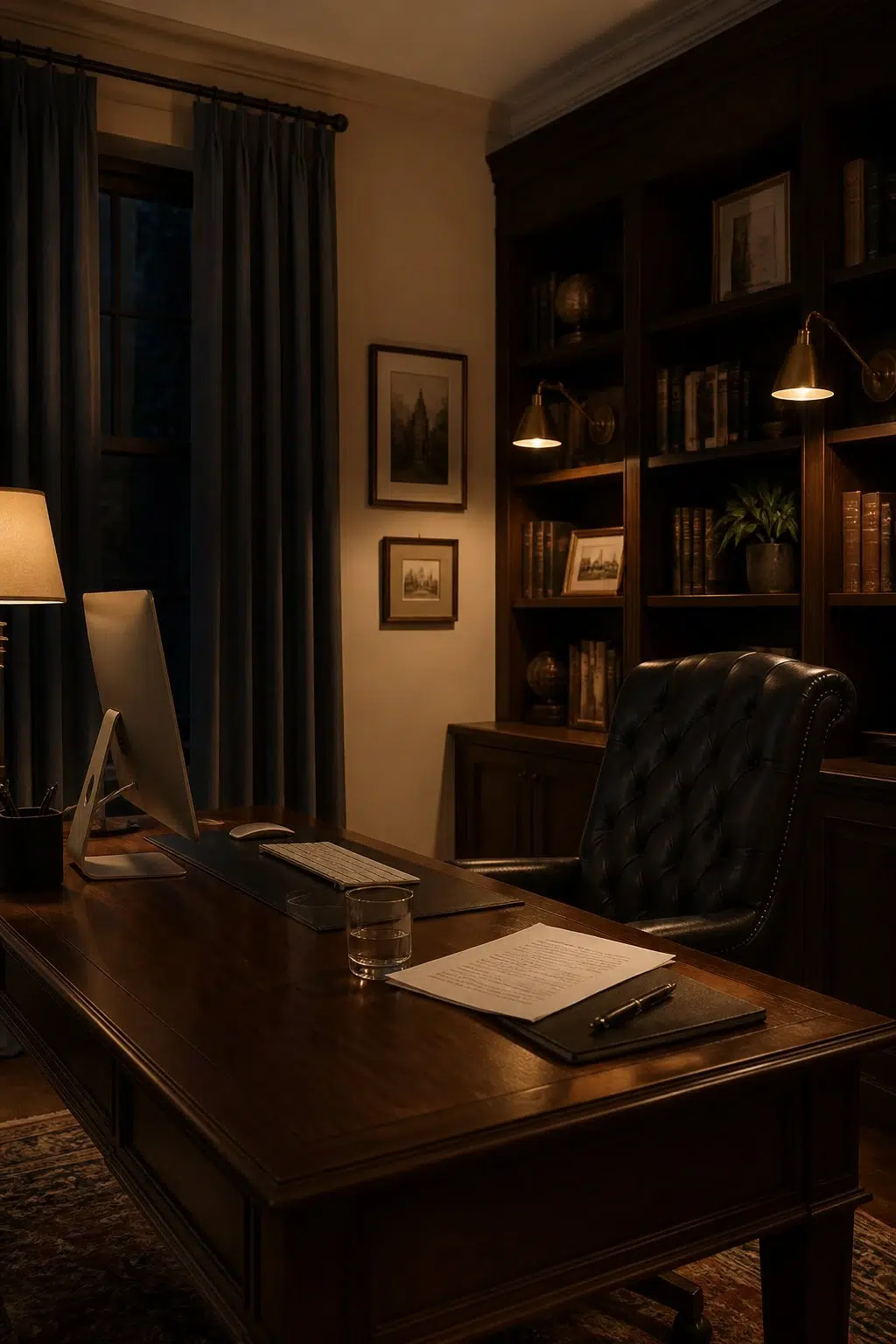 Sherwin-Williams Colonial Revival Tan in a moody home office