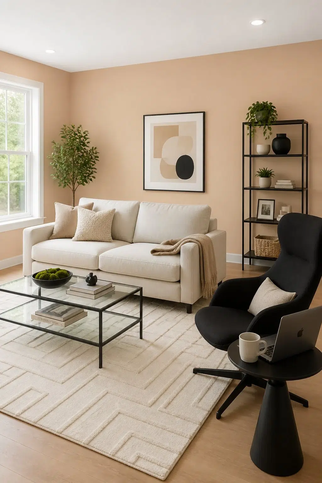 A contemporary living room painted in Colonial Revival Tan