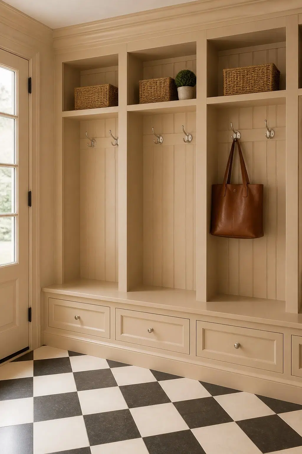 Colonial Revival Tan paint in a classy mudroom