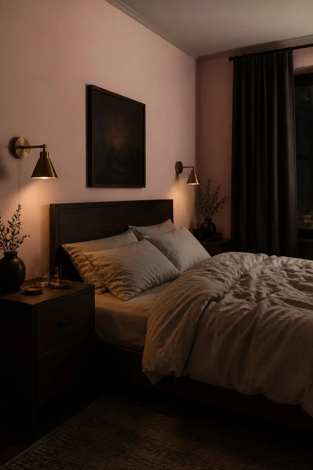 A moody bedroom painted in Comical Coral