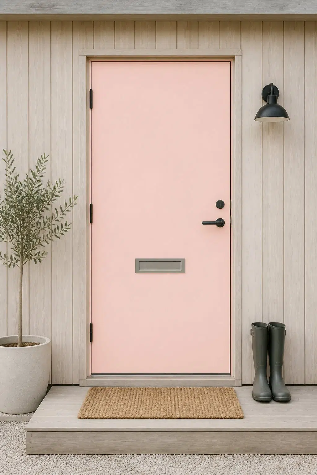scandinavian front door featuring Comical Coral by Sherwin-Williams