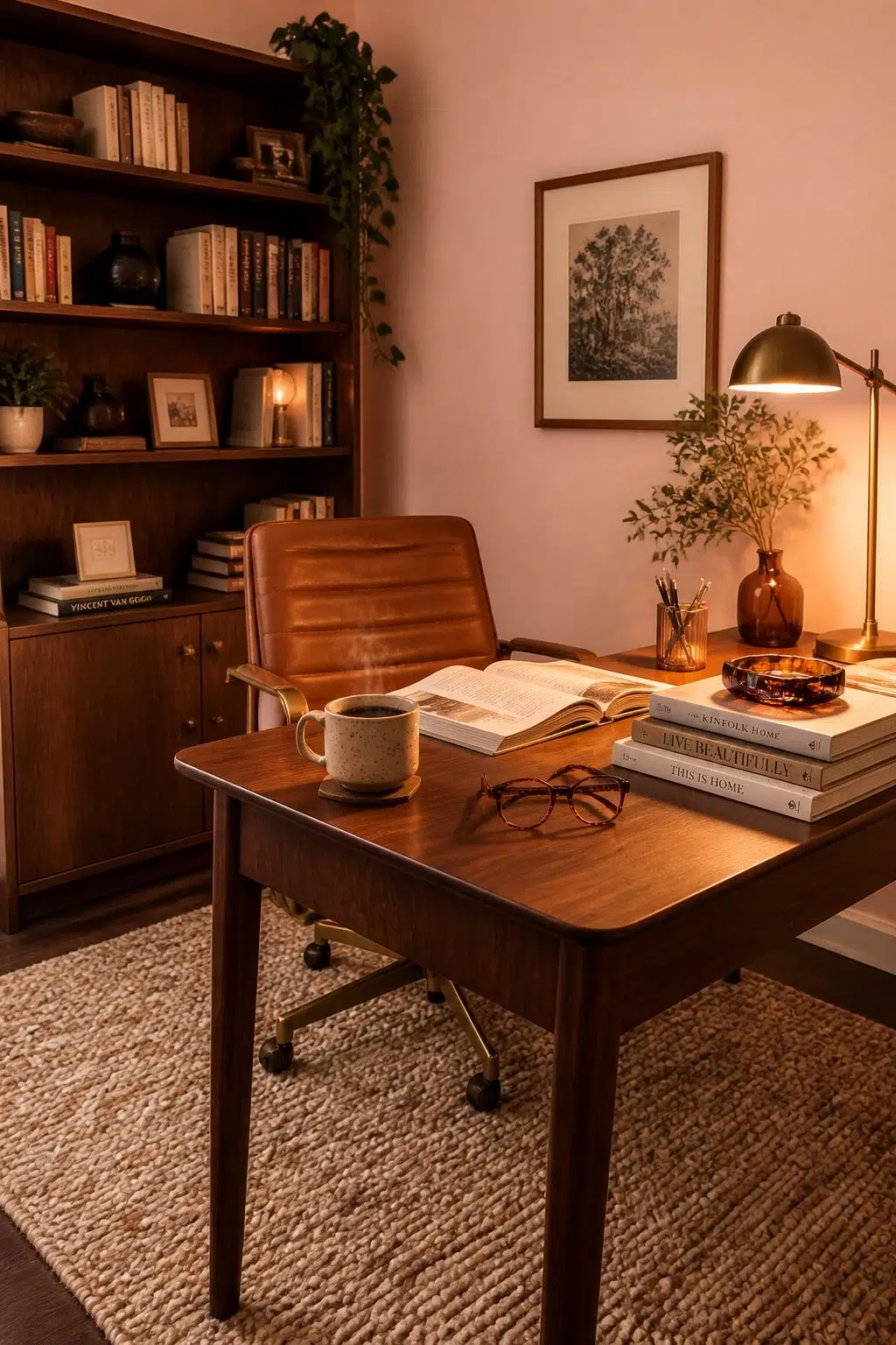 Sherwin-Williams Comical Coral in a warm home office