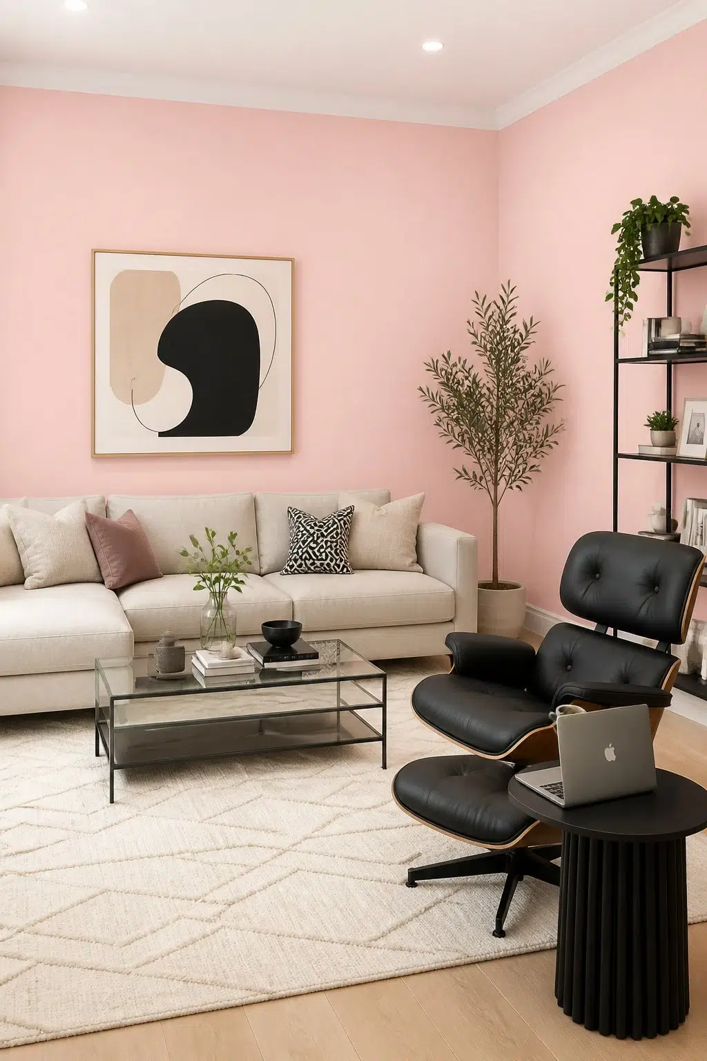 A contemporary living room painted in Comical Coral