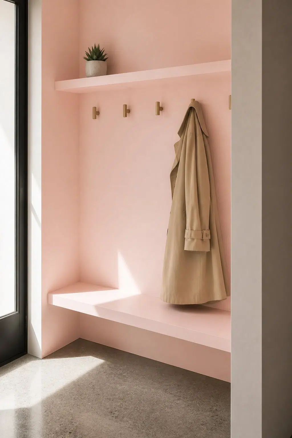 Comical Coral paint in a tiny mudroom