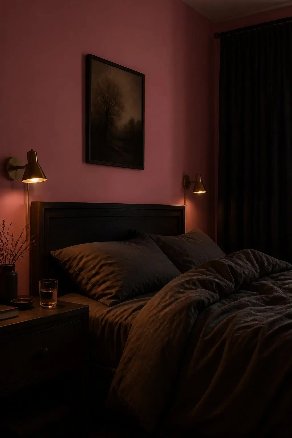 A moody bedroom painted in Coming Up Roses