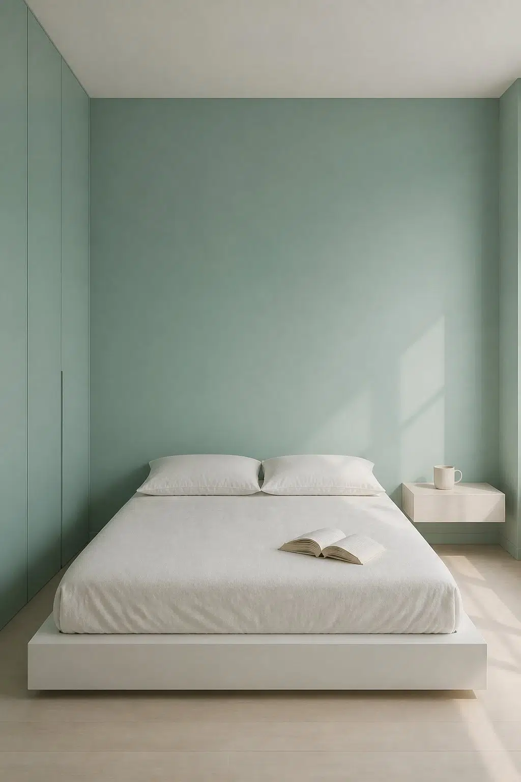 A minimalist bedroom painted in Composed