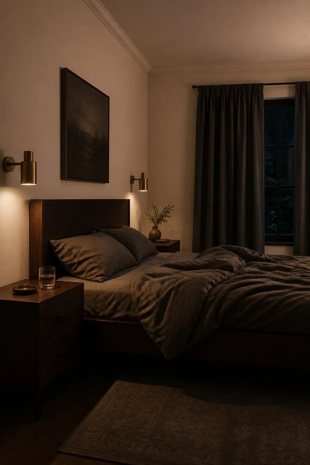 A moody bedroom painted in Conch Shell