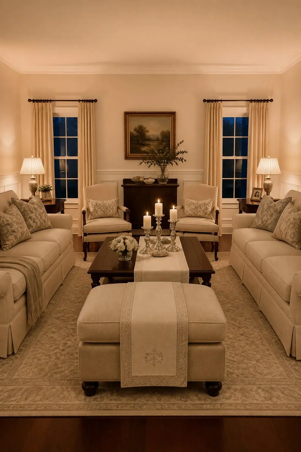 A traditional living room painted in Conch Shell
