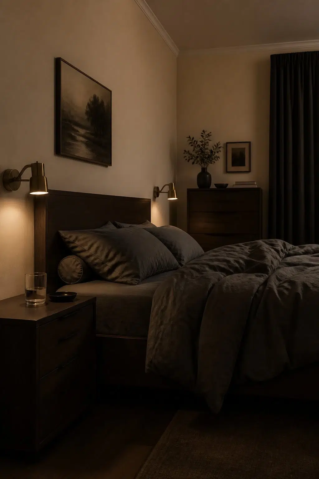 A moody bedroom painted in Concord Buff