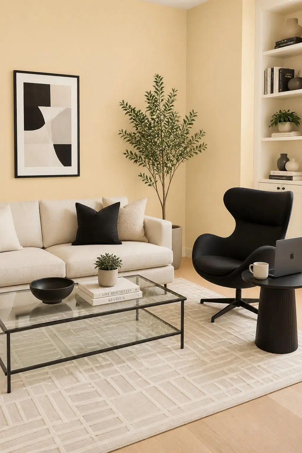 A contemporary living room painted in Concord Buff