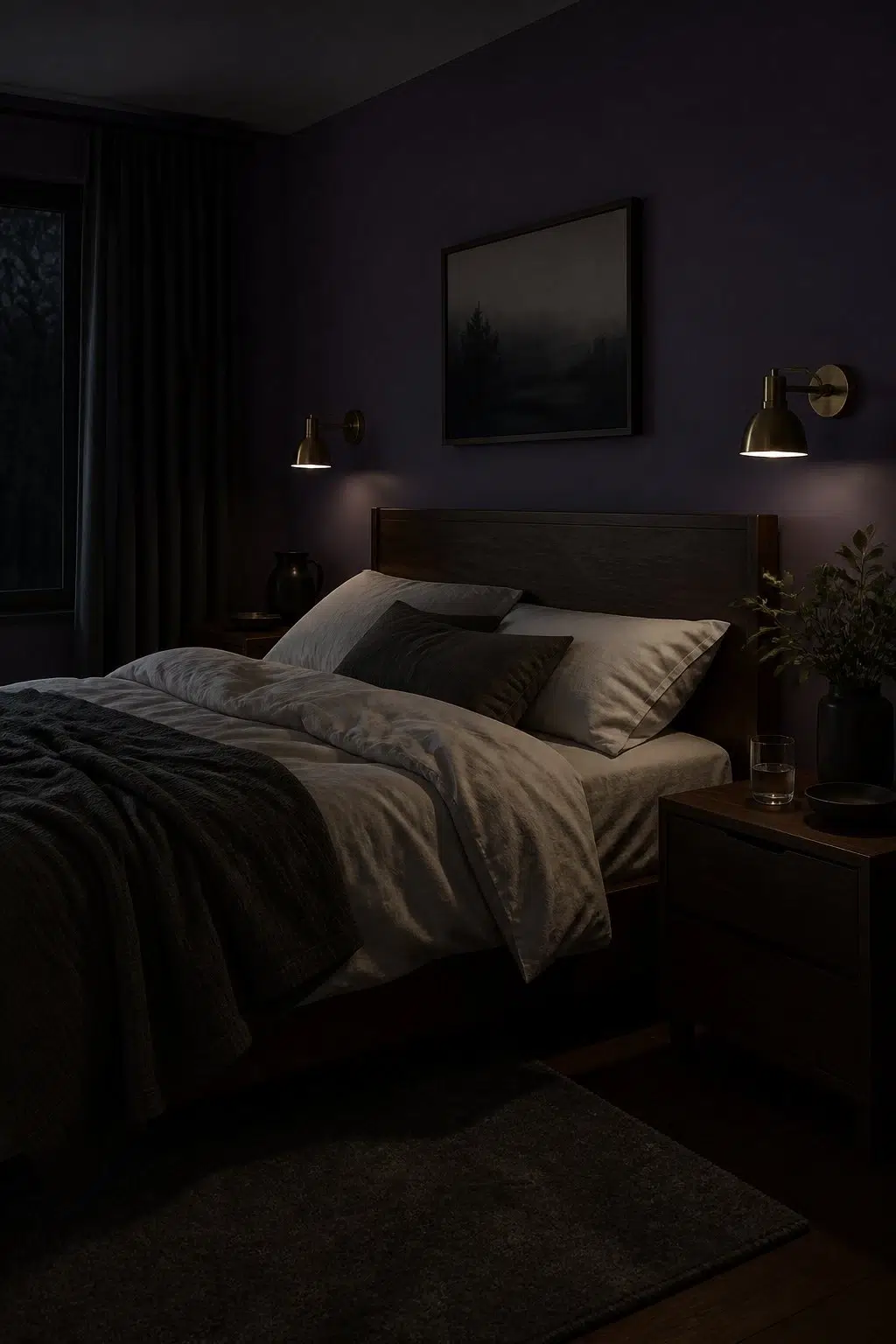 A moody bedroom painted in Concord Grape