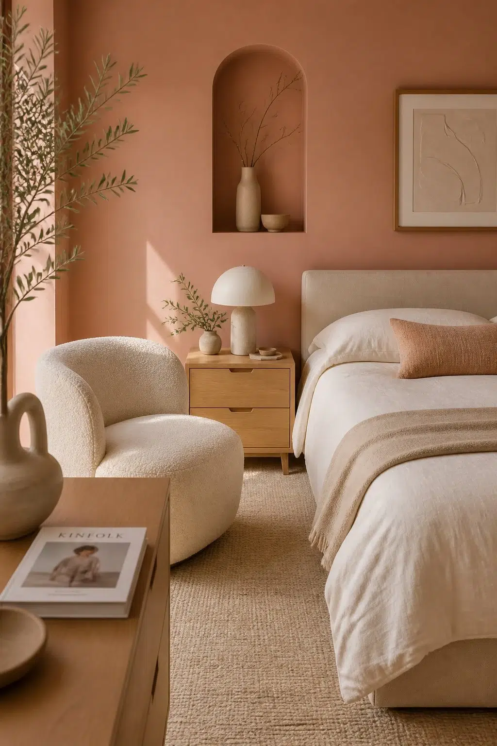 A organic modern bedroom painted in Constant Coral