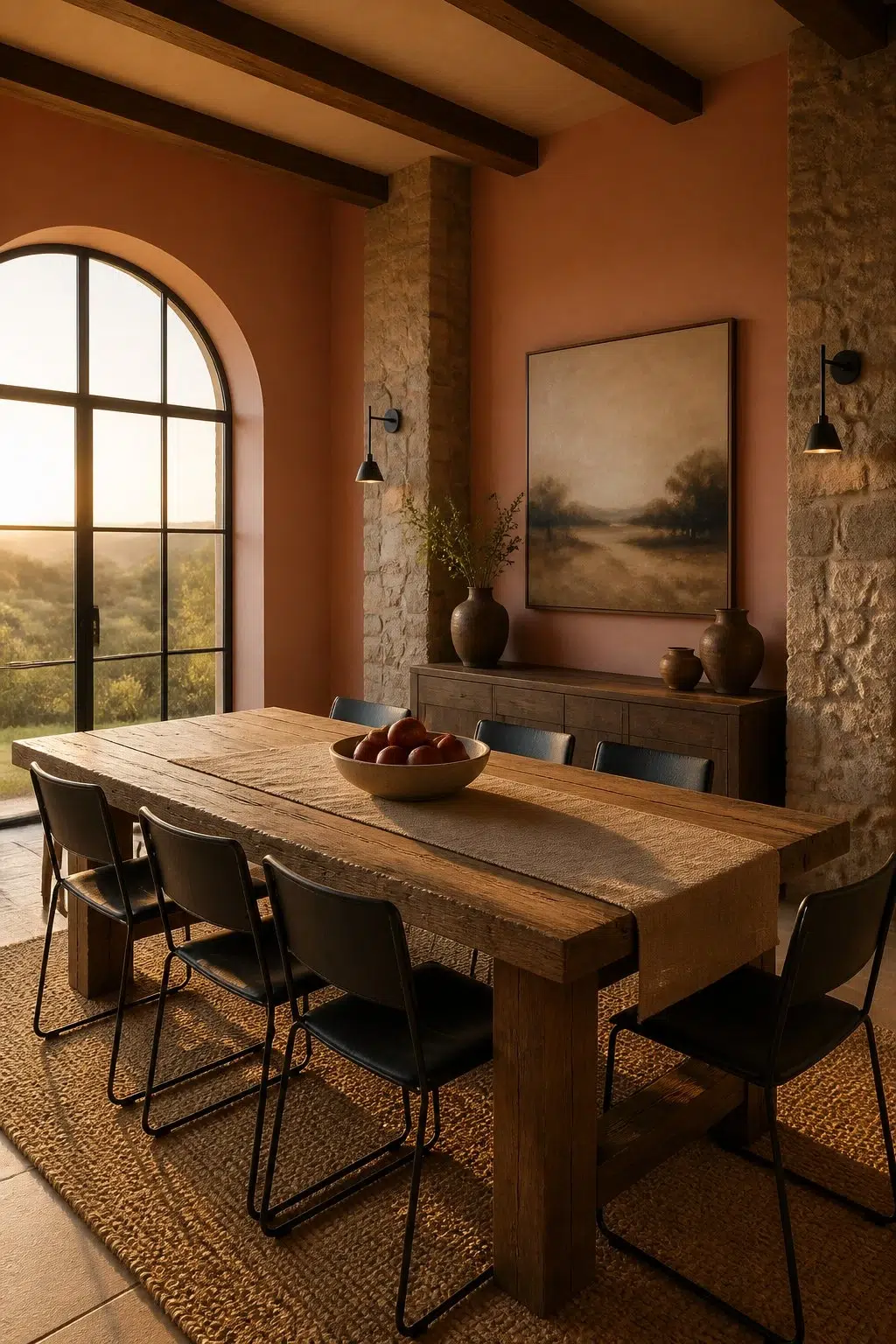 Constant Coral paint in a rustic modern dining room