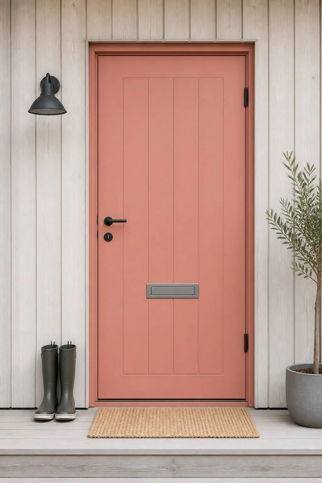 scandinavian front door featuring Constant Coral by Sherwin-Williams