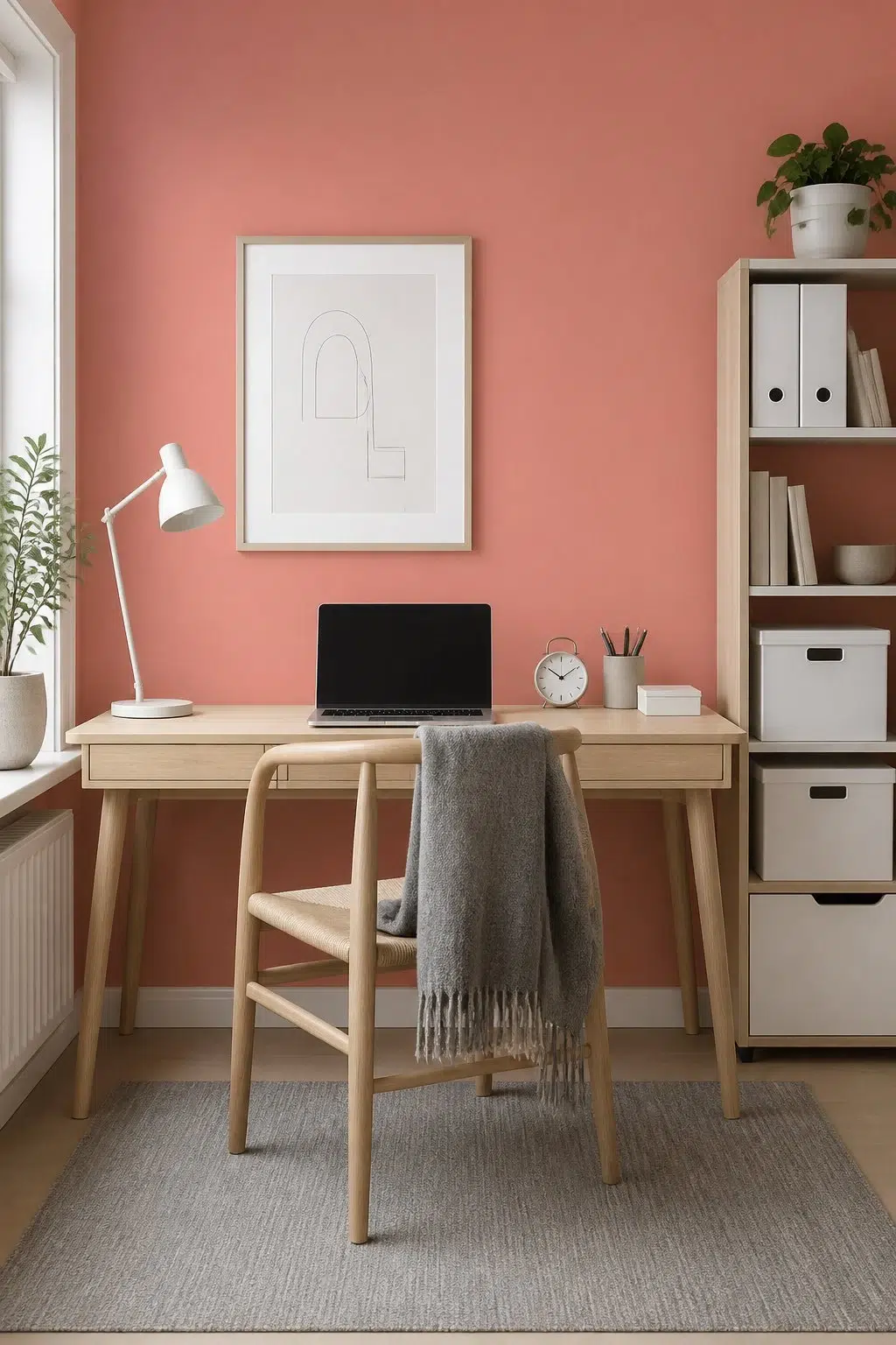 Sherwin-Williams Constant Coral in a scandinavian home office