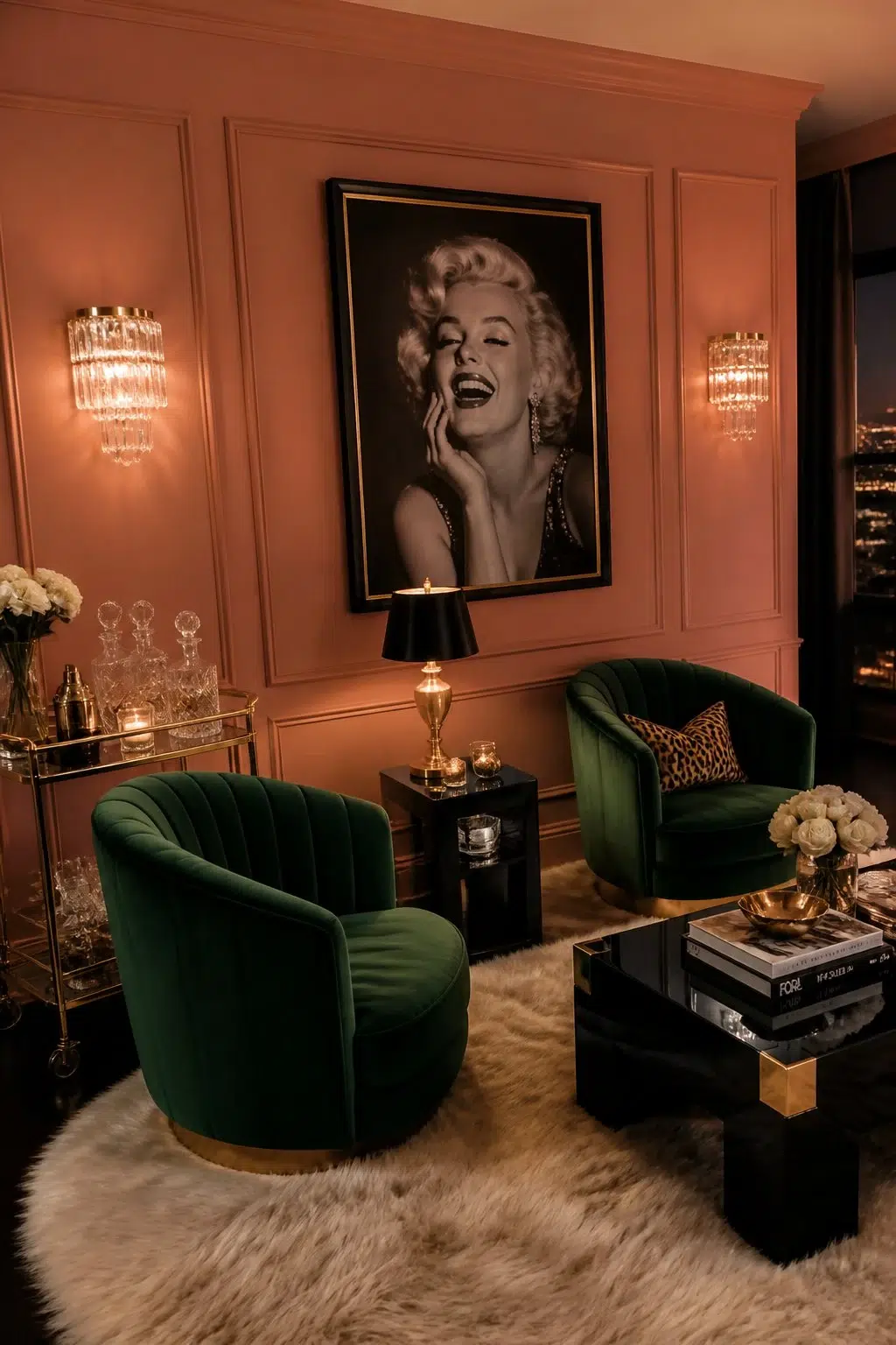 A hollywood regency living room painted in Constant Coral