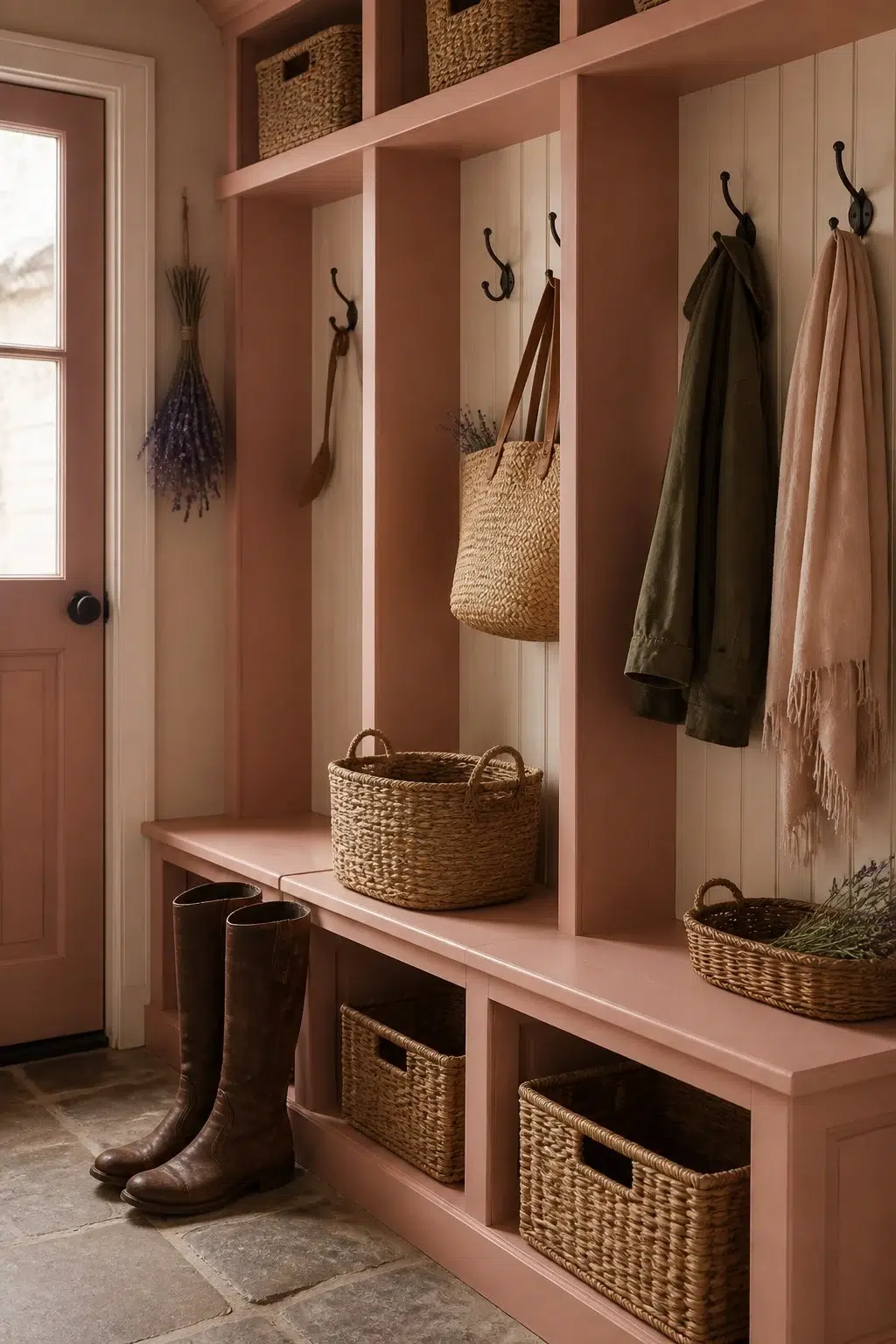 Constant Coral paint in a cottagecore mudroom