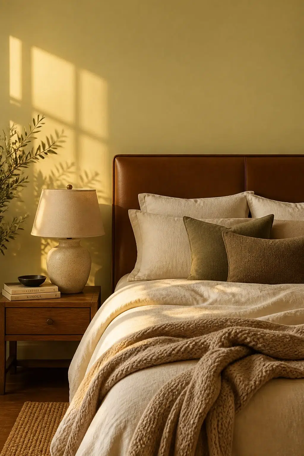 A cozy bedroom painted in Cool Avocado