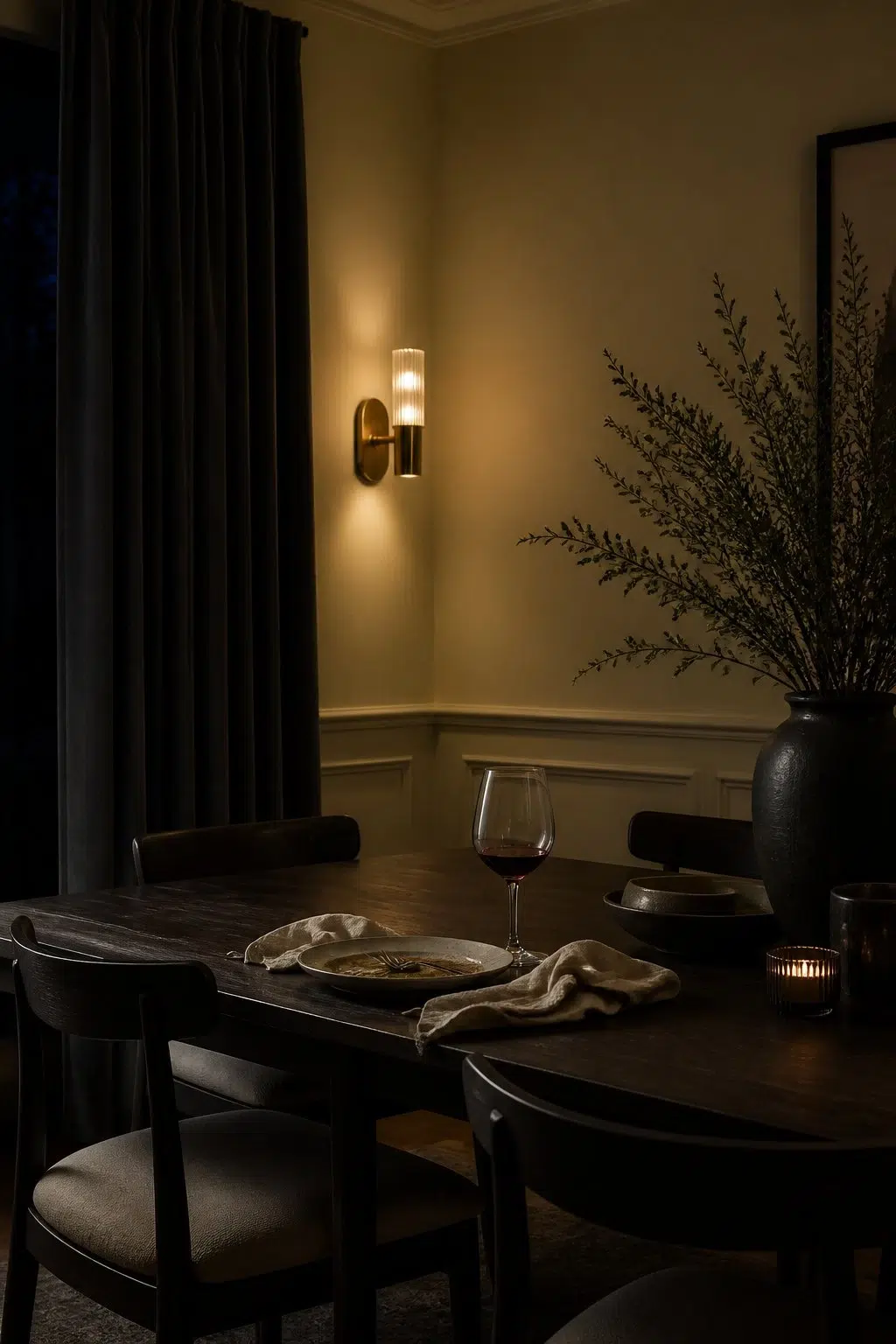 Cool Avocado paint in a moody dining room