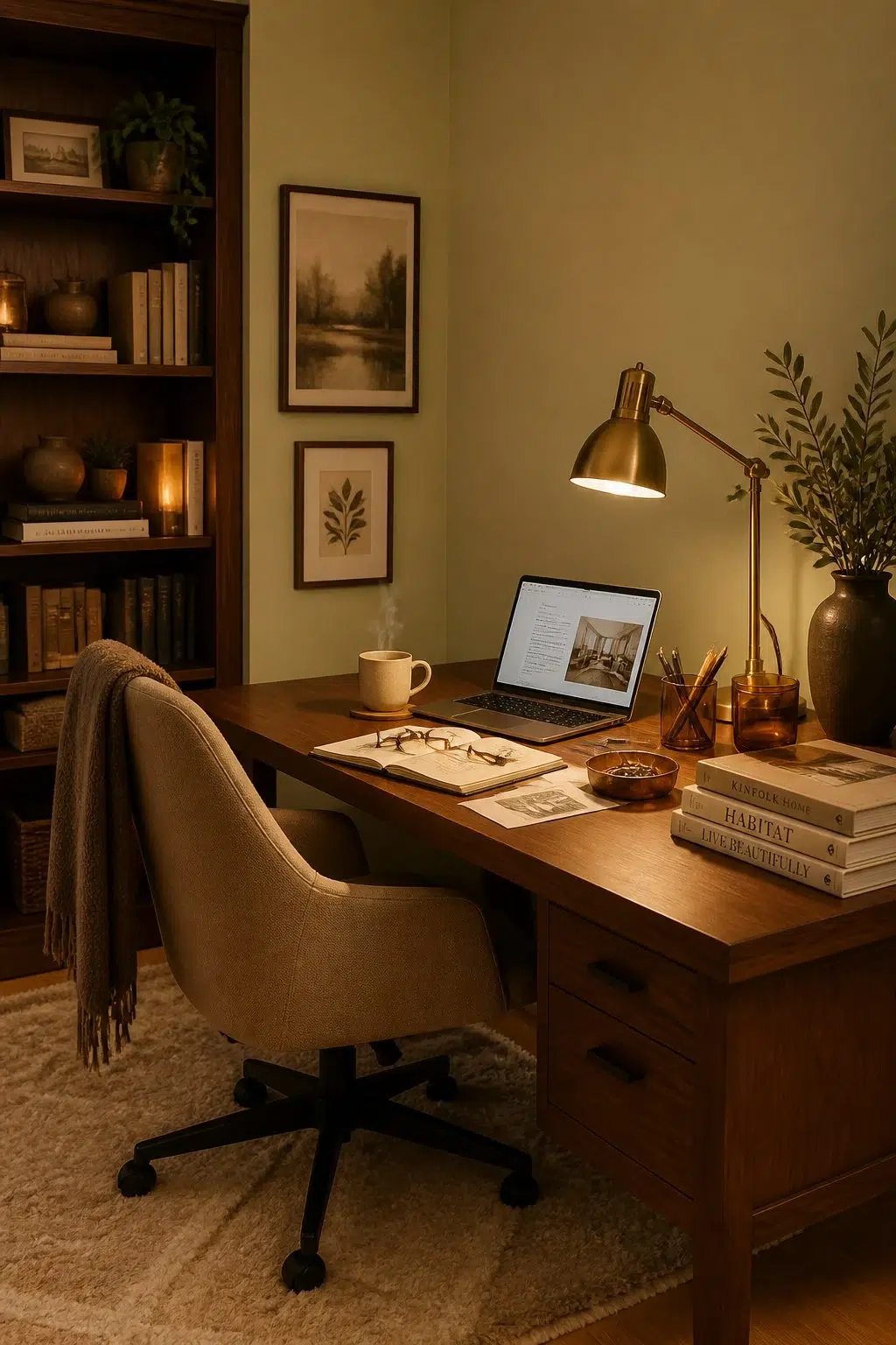 Sherwin-Williams Cool Avocado in a warm home office