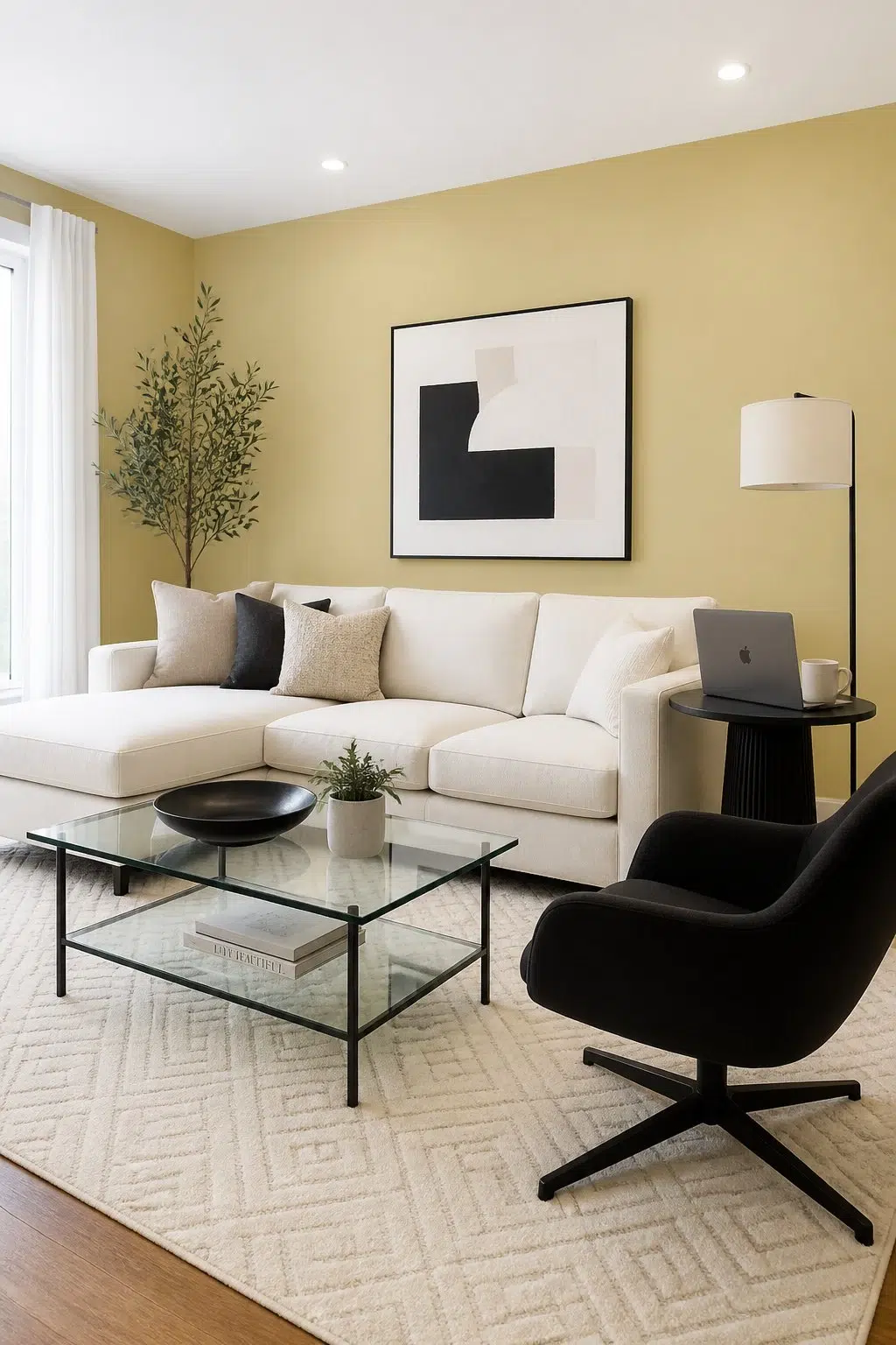 A contemporary living room painted in Cool Avocado