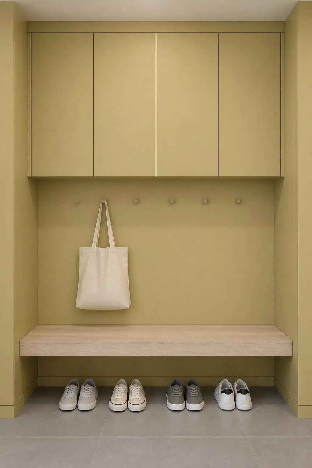 Cool Avocado paint in a neutral mudroom